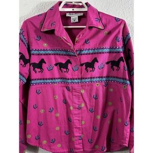 Adobe Rose Shirt Womens Large Pink Horse Western Cowgirl Vintage Button Up Top